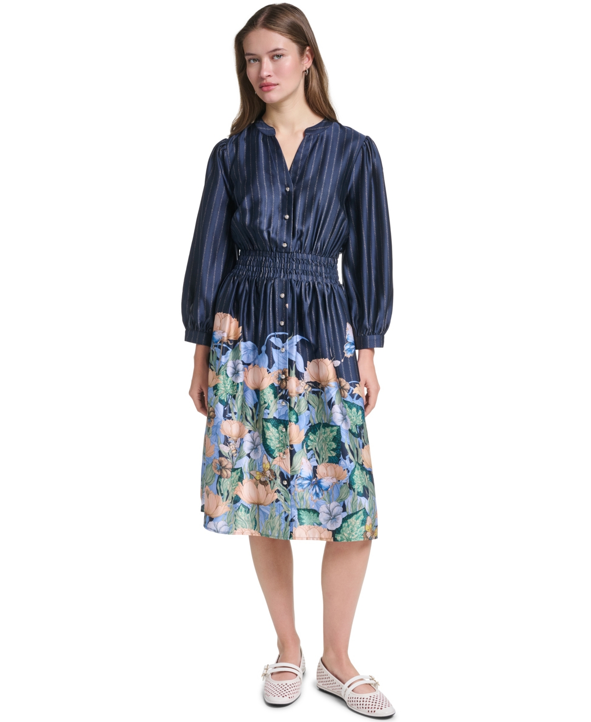 Karl Lagerfeld Paris Women’s Striped Floral 3/4-Sleeve Button-Front Dress – Naval Academy Multi