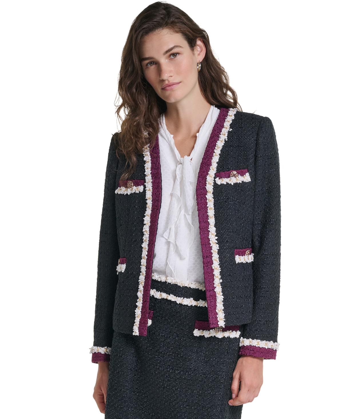 Karl Lagerfeld Paris Women’s Tweed Cropped Fringe-Trim Jacket – Black/Cherry Lacquer Karl Lagerfeld Paris Women’s Tweed Cropped Fringe-Trim Jacket – Black/Cherry Lacquer
