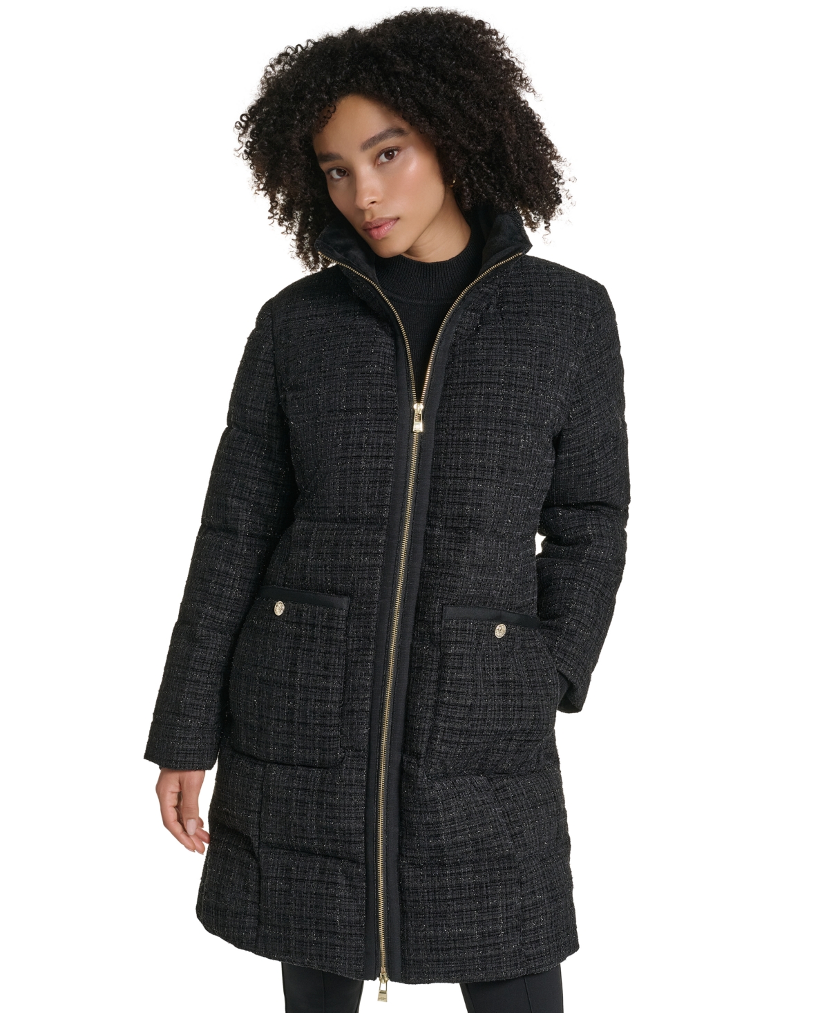 Karl Lagerfeld Paris Women’s Tweed Sparkle Long Puffer Coat – Black Karl Lagerfeld Paris Women’s Tweed Sparkle Long Puffer Coat – Black
