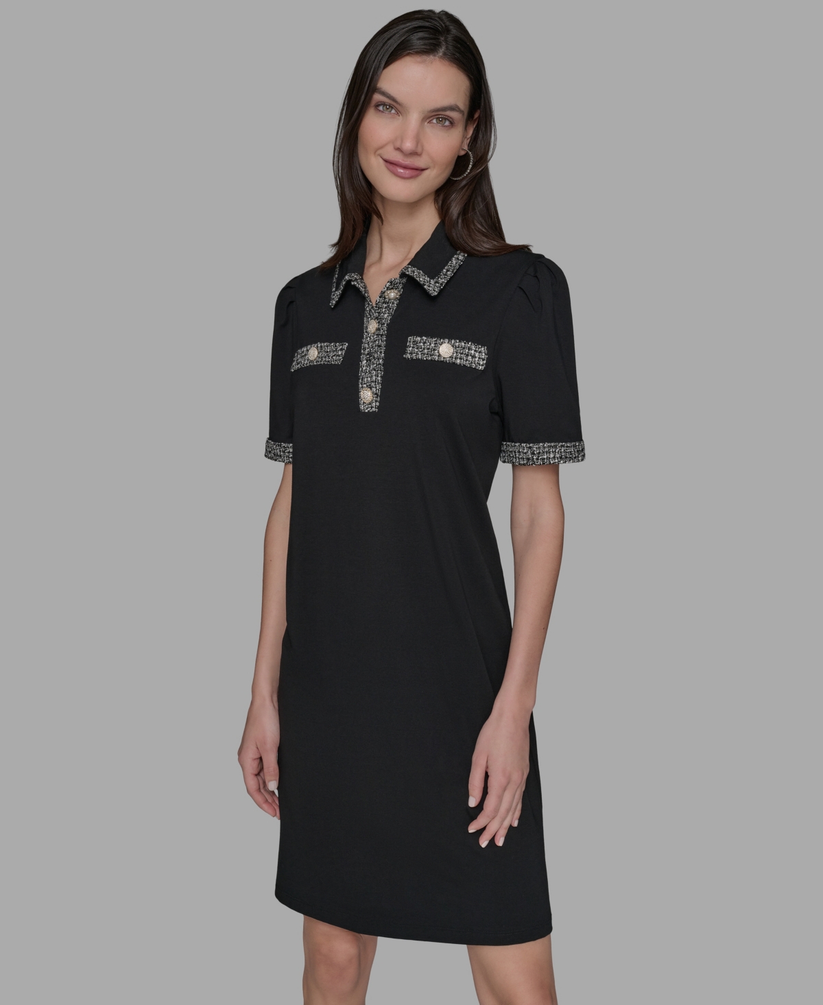 Karl Lagerfeld Paris Women’s Tweed-Trim Button-Front Dress – Black Karl Lagerfeld Paris Women’s Tweed-Trim Button-Front Dress – Black