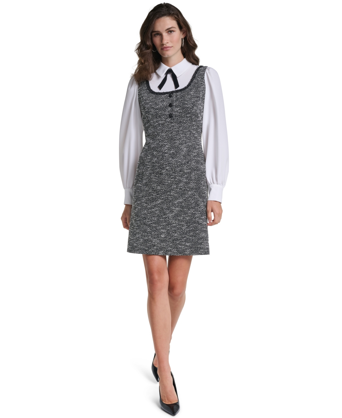 Karl Lagerfeld Paris Women’s Two-Tone Tweed Collared Long-Sleeve Shift Dress – Black/Soft White Multi