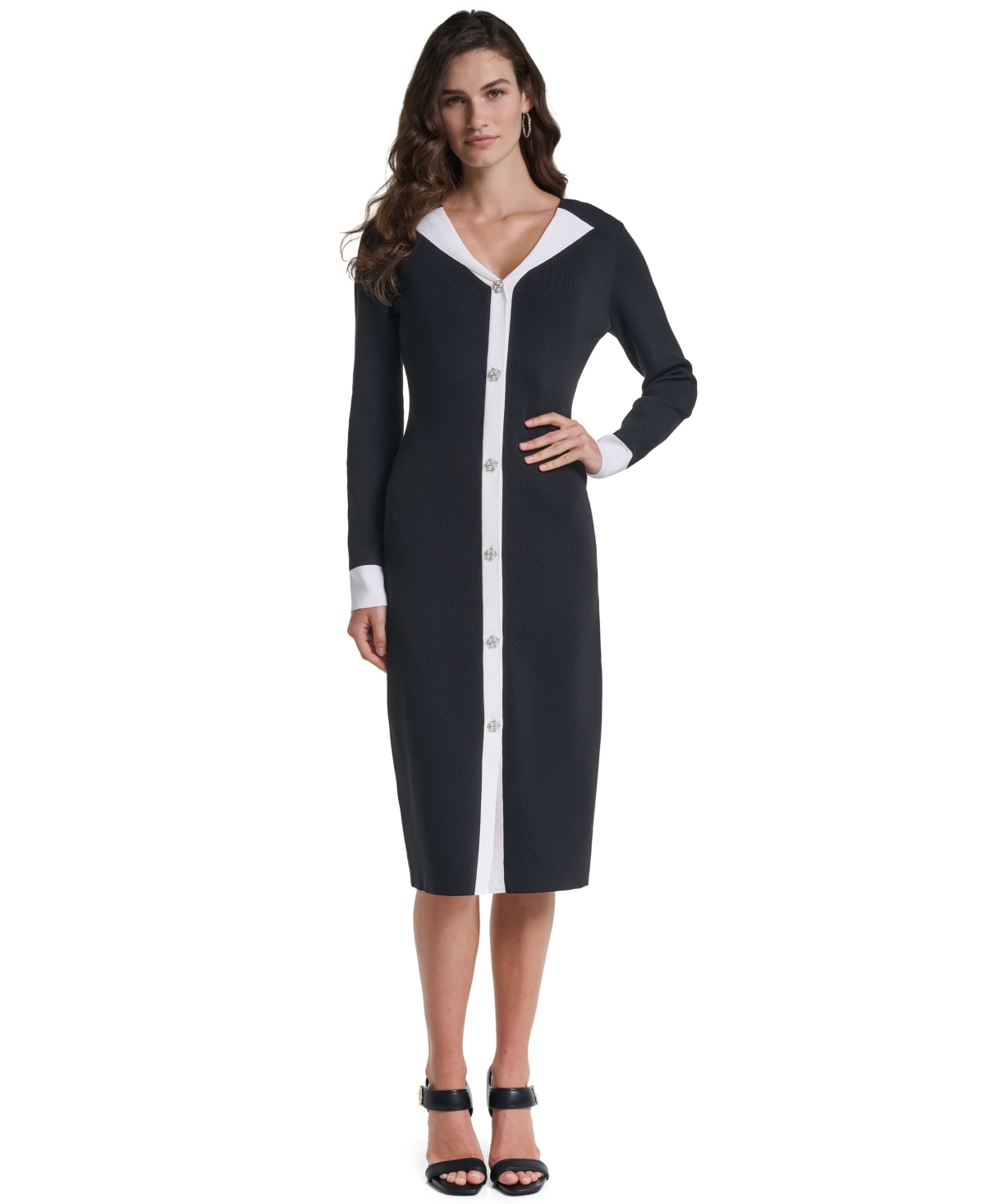 Karl Lagerfeld Paris Women’s V-Neck Long-Sleeve Colorblock Midi Sweater Dress – Black/Soft White Karl Lagerfeld Paris Women’s V-Neck Long-Sleeve Colorblock Midi Sweater Dress – Black/Soft White