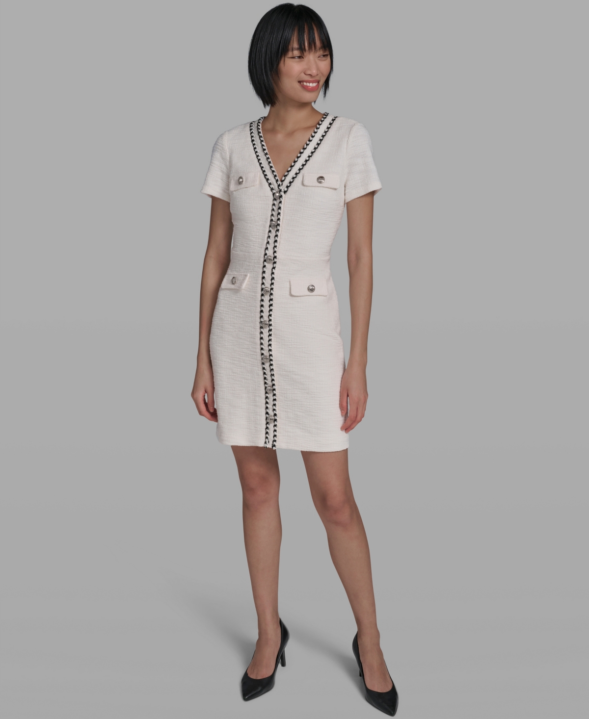 Karl Lagerfeld Paris Women’s V-Neck Tweed Sheath Dress – White Karl Lagerfeld Paris Women’s V-Neck Tweed Sheath Dress – White