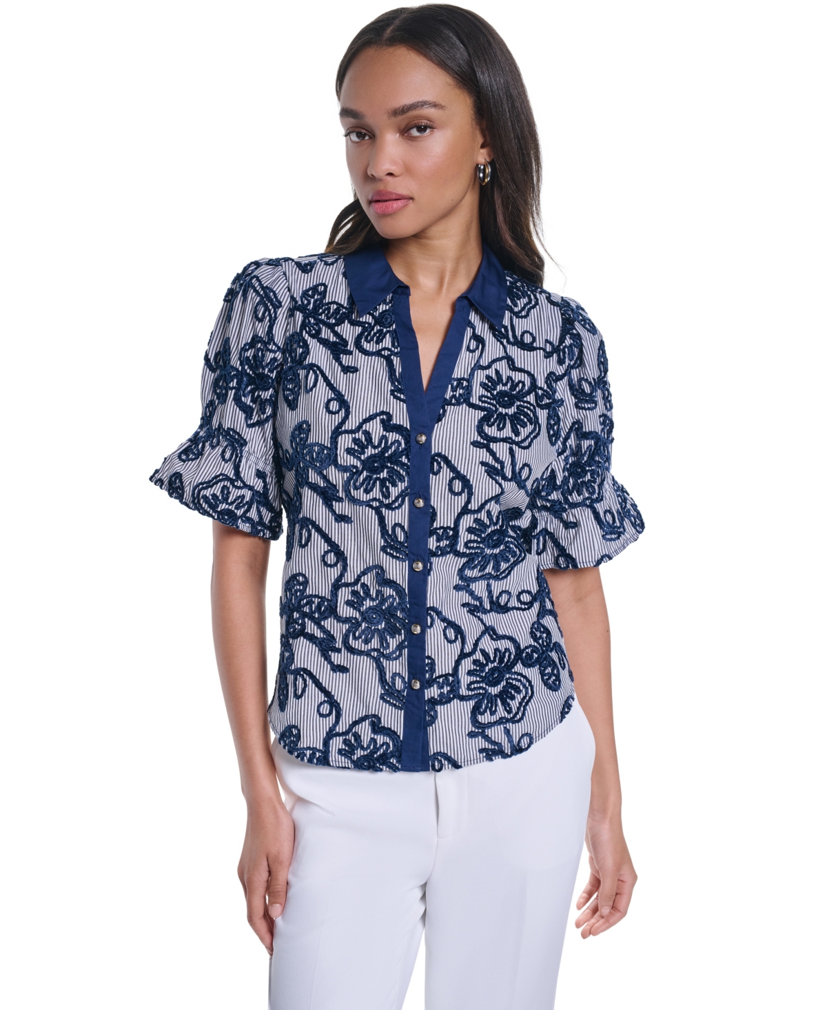 Karl Lagerfeld Paris Women’s Velvet Embroidery Button-Front Blouse – Soft White/naval Acadmey Karl Lagerfeld Paris Women’s Velvet Embroidery Button-Front Blouse – Soft White/naval Acadmey