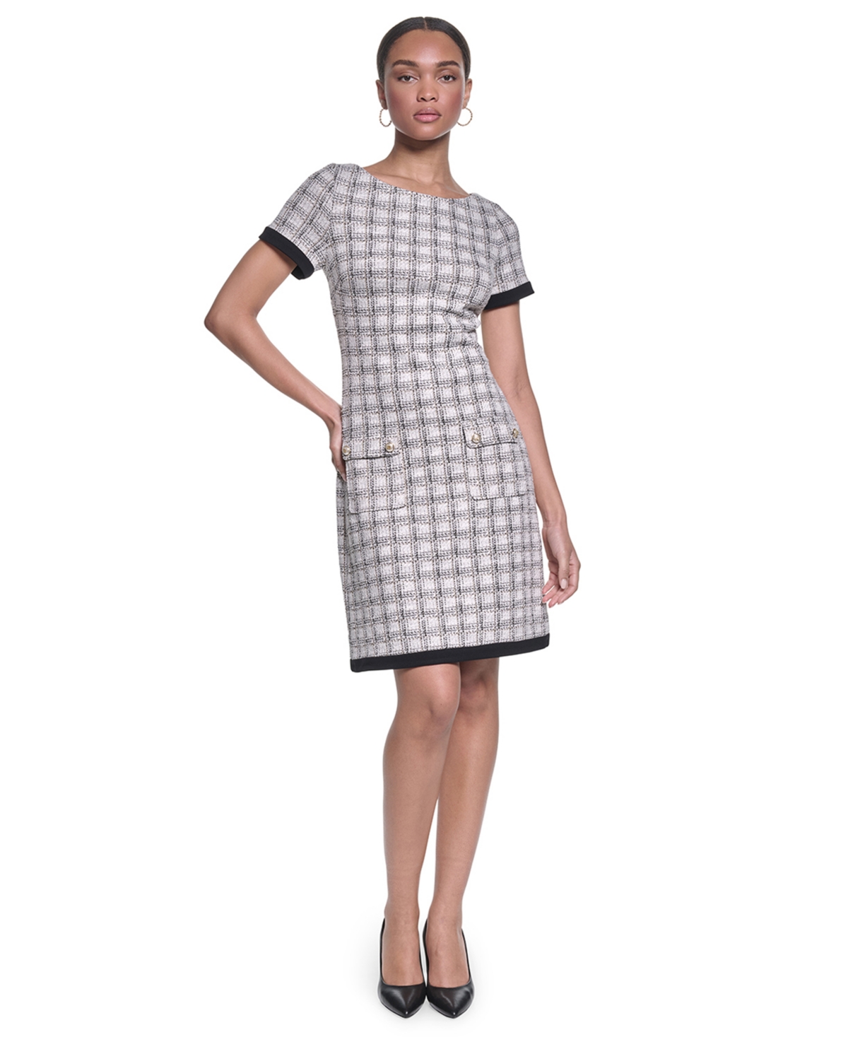 Karl Lagerfeld Paris Women’s Windowpane Knee-Length Dress – Soft White/Black Multi
