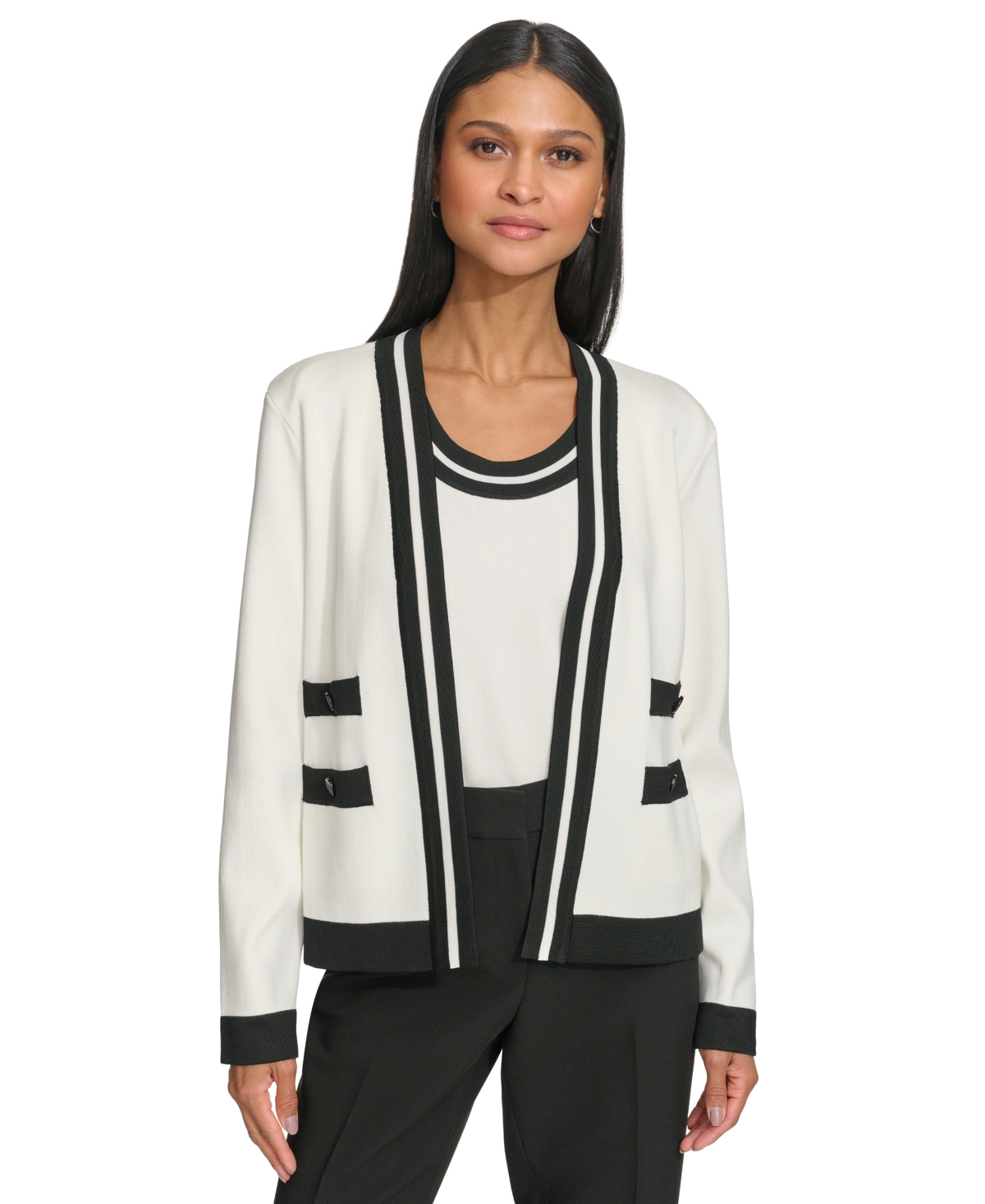 Karl Lagerfeld Women’s Open-Front Long-sleeve Knit Cardigan with Contrast Trim – Soft White/Black