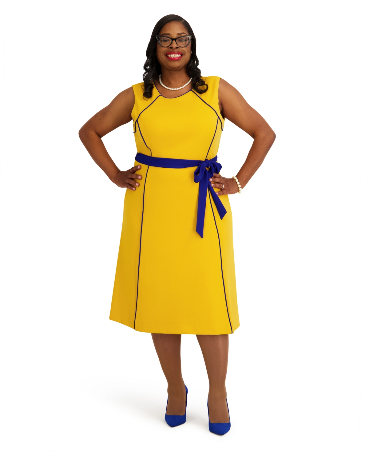 Kasper Women’s Contrast Seam with Sash Crewneck Midi Dress – Gold Sig/Royal Sig Kasper Women’s Contrast Seam with Sash Crewneck Midi Dress – Gold Sig/Royal Sig