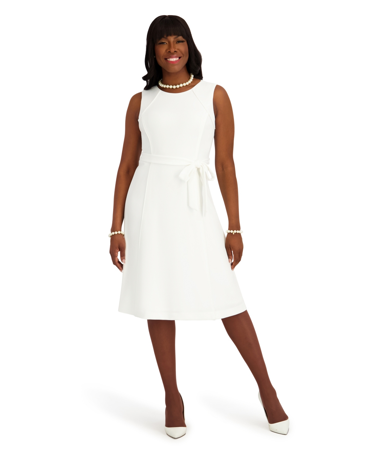 Kasper Women’s Contrast Seam with Sash Sleeveless Midi Dress – White Kasper Women’s Contrast Seam with Sash Sleeveless Midi Dress – White