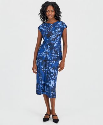 Kasper Womens Printed Bow Neck Extended Shoulder Top Pull On A Line Midi Skirt Kasper Womens Printed Bow Neck Extended Shoulder Top Pull On A Line Midi Skirt