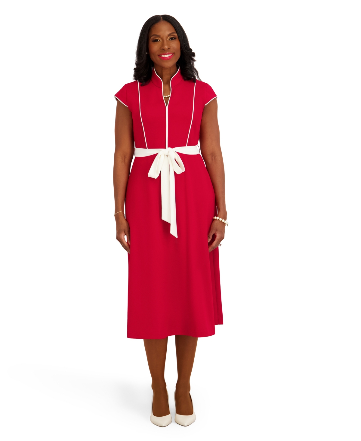 Kasper Women’s Seam Bodice V-Neck Dress – Crimson Cream