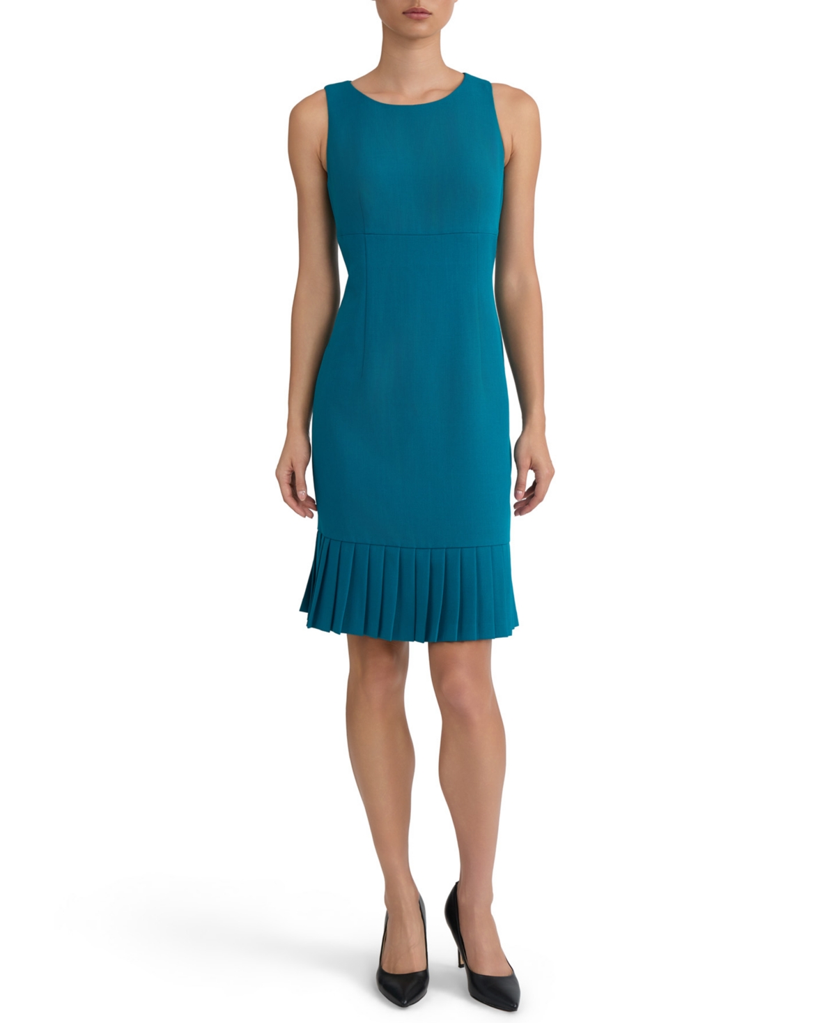 Kasper Women’s Sheath with Pleat Sleeveless Crewneck Dress – Bottle Teal