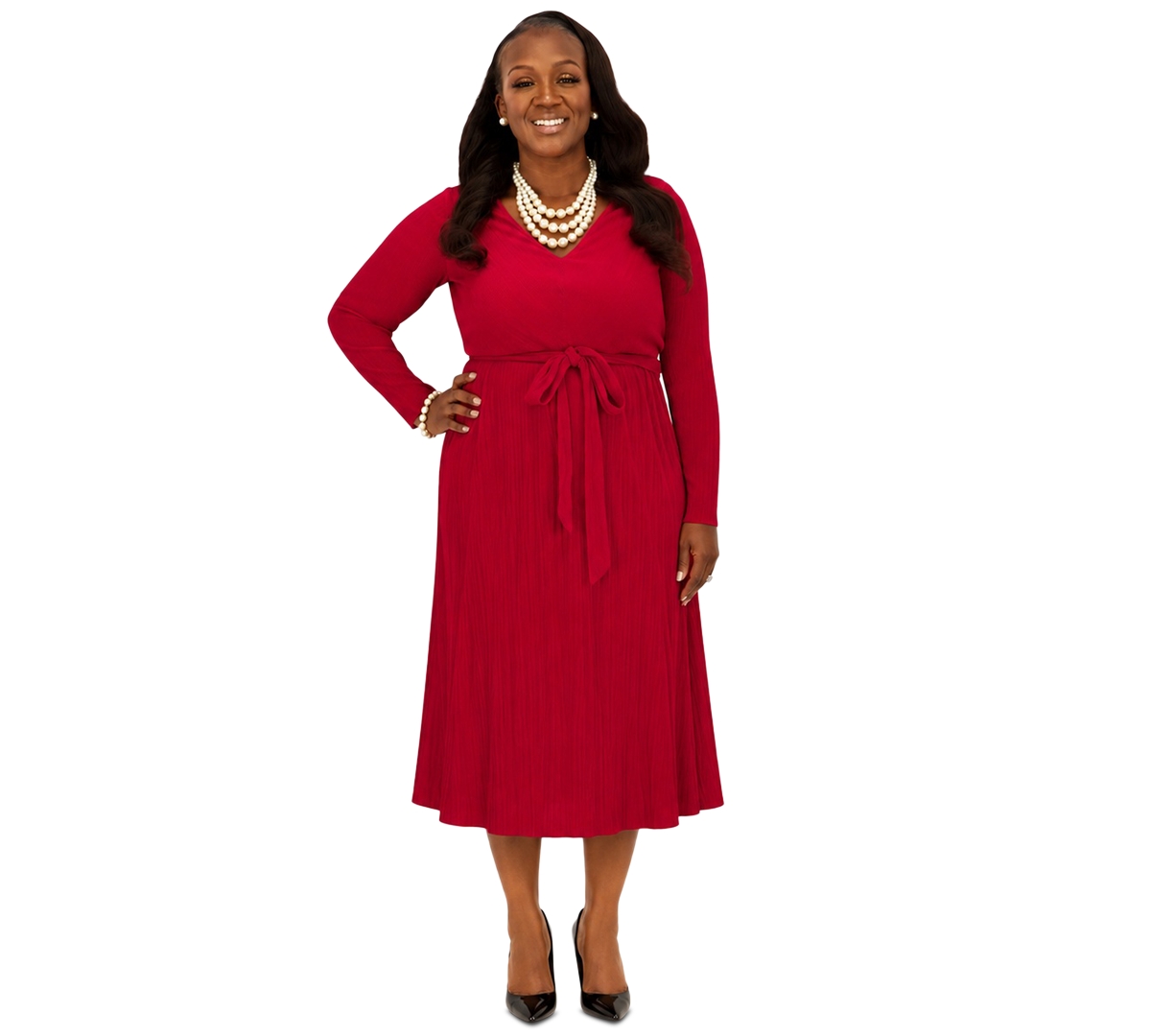 Kasper Women’s V-Neck Long-Sleeve Dress – Crimson