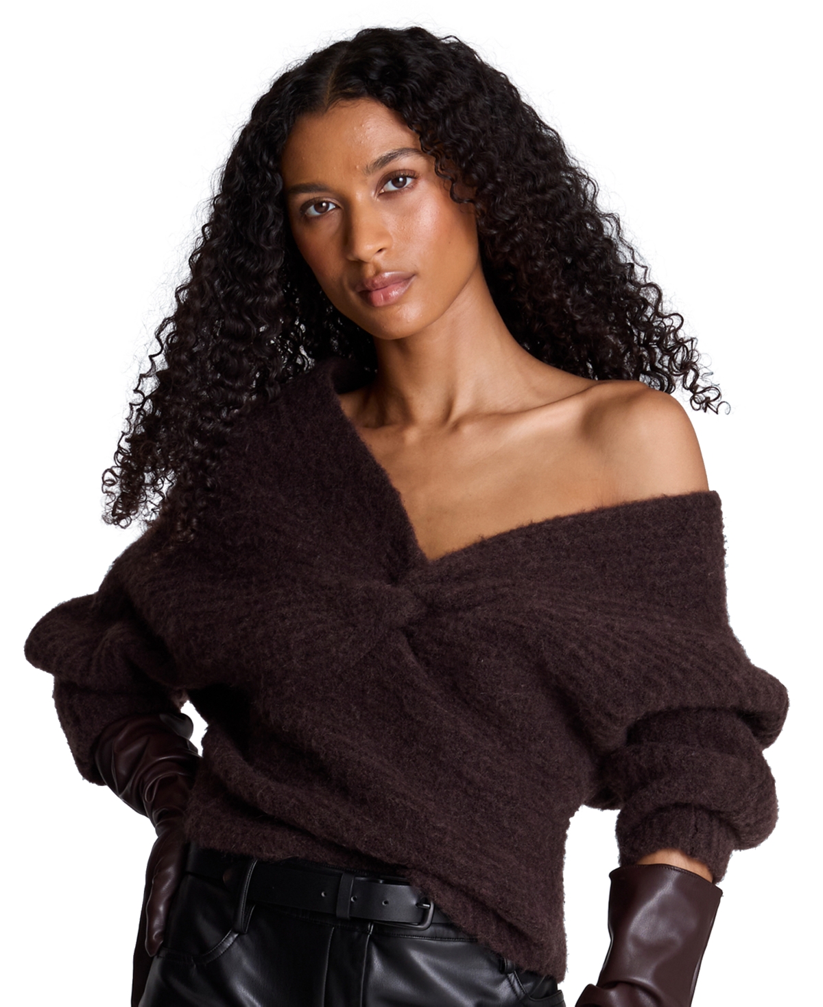 Kenneth Cole Women’s Asymmetric Twist Neck Off-the-Shoulder Sweater – Medium Bark