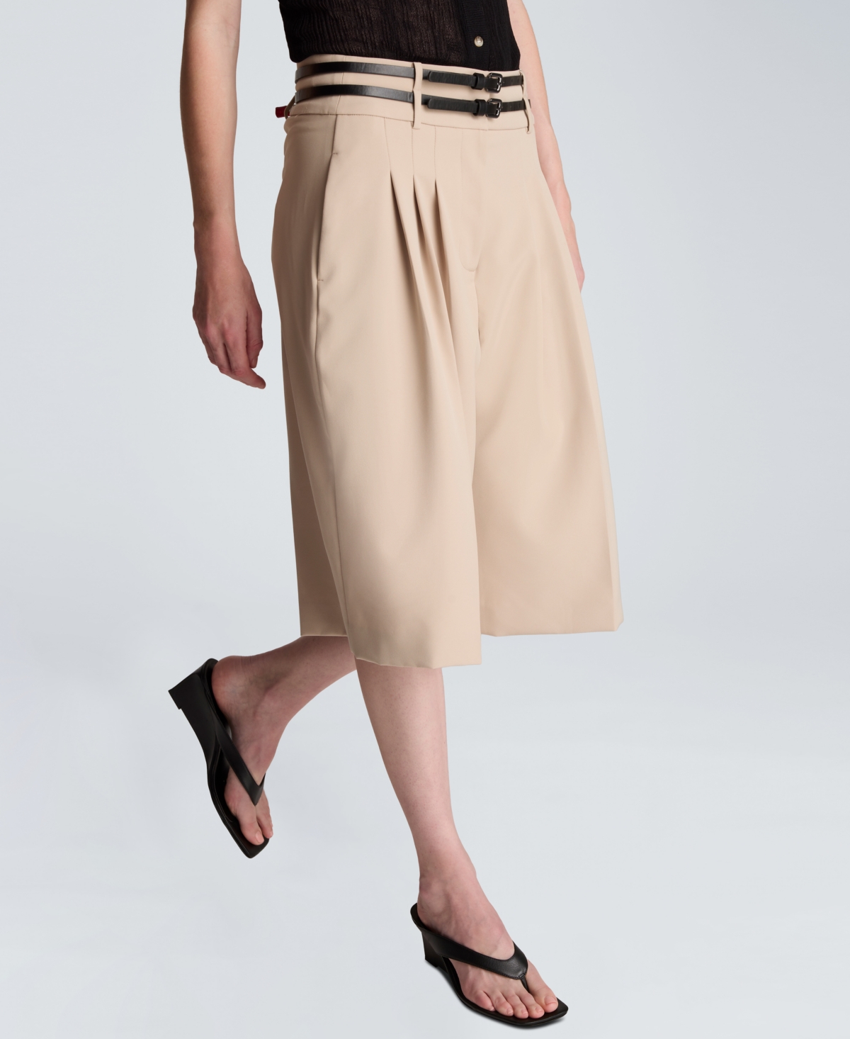 Kenneth Cole Women’s High-Rise Double Belt Pleated Shorts – Timeless Taupe