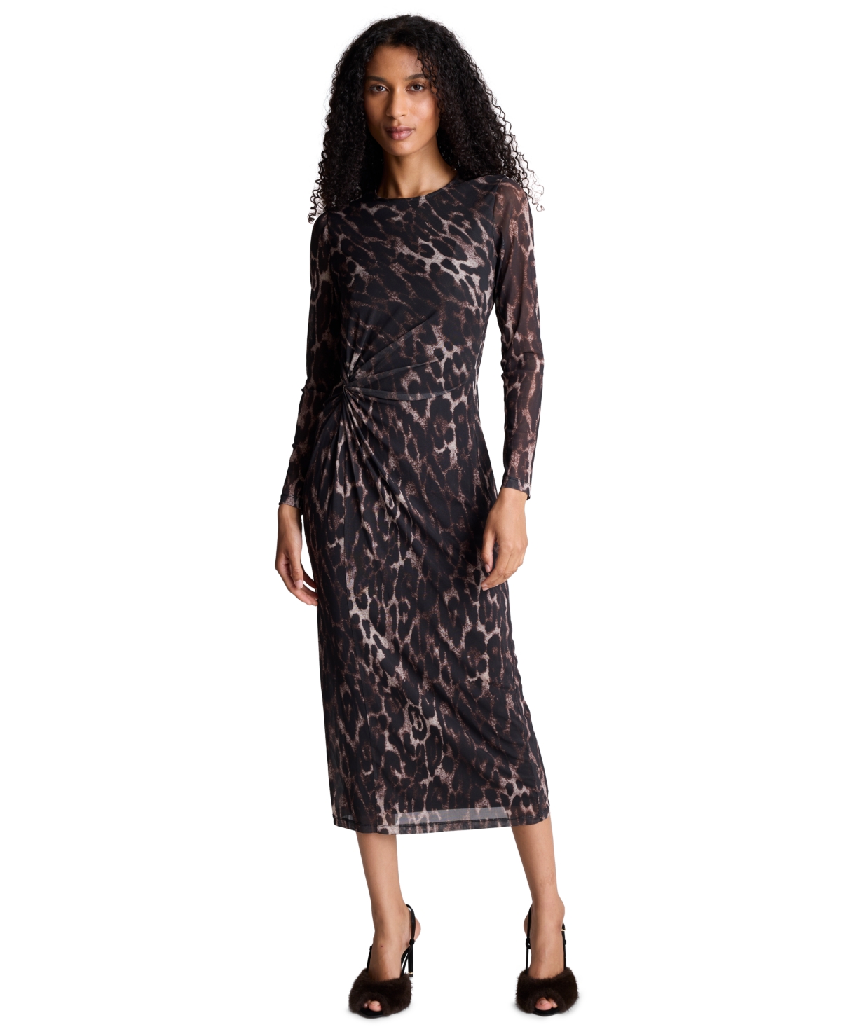 Kenneth Cole Women’s Knot Front Long-Sleeve Midi Dress – Black Multi Kenneth Cole Women’s Knot Front Long-Sleeve Midi Dress – Black Multi