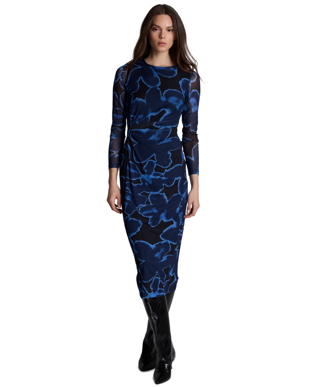 Kenneth Cole Women’s Knot-Front Printed Mesh Midi Dress – Black Multi Kenneth Cole Women’s Knot-Front Printed Mesh Midi Dress – Black Multi