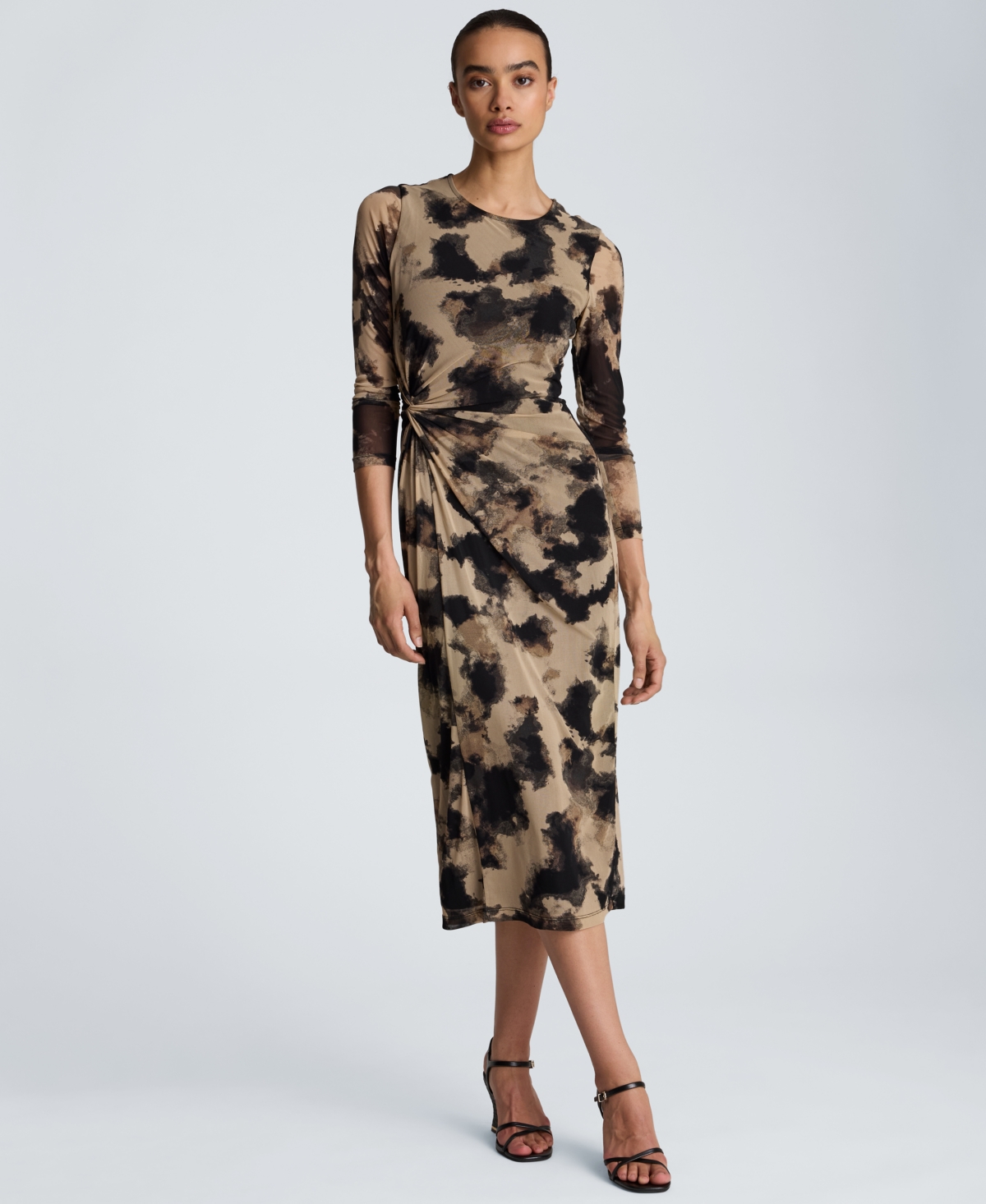 Kenneth Cole Women’s Knot Front Printed Mesh Midi Dress – Black Multi