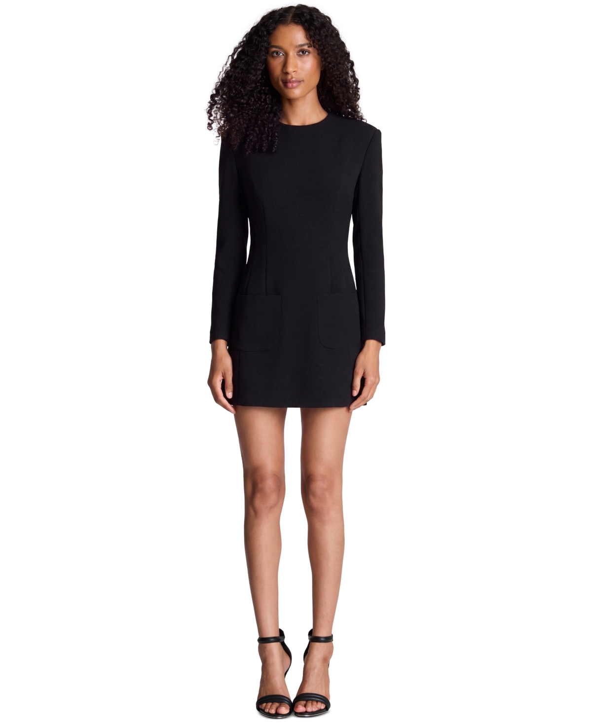 Kenneth Cole Women’s Long-Sleeve Crewneck Textured-Crepe Mini Dress – Black