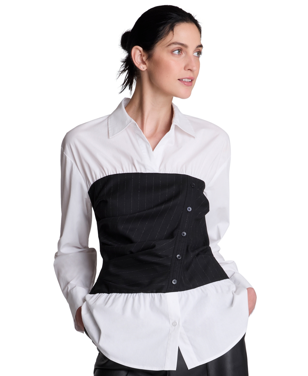 Kenneth Cole Women’s Long-Sleeve Point-Collar Corset Camisole Top – Blk Mlti/pure White Kenneth Cole Women’s Long-Sleeve Point-Collar Corset Camisole Top – Blk Mlti/pure White