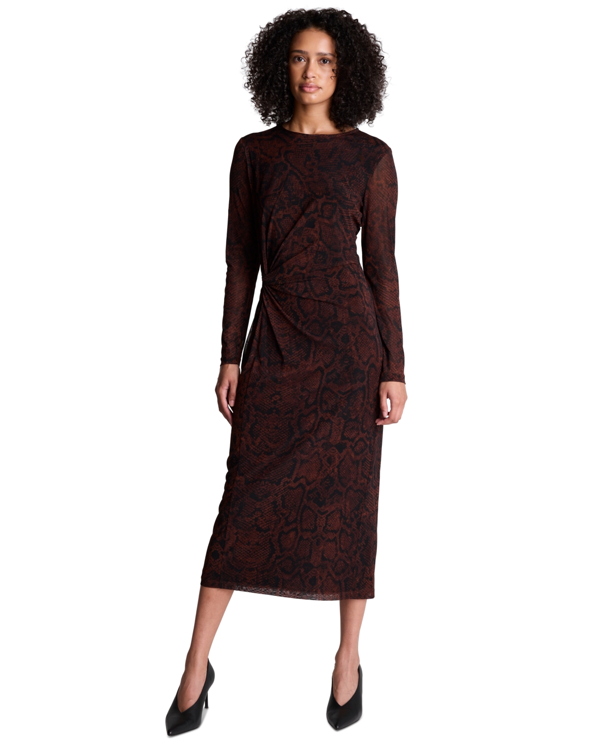 Kenneth Cole Women’s Long-Sleeve Ruched Midi Dress – Medium Bark Multi Kenneth Cole Women’s Long-Sleeve Ruched Midi Dress – Medium Bark Multi