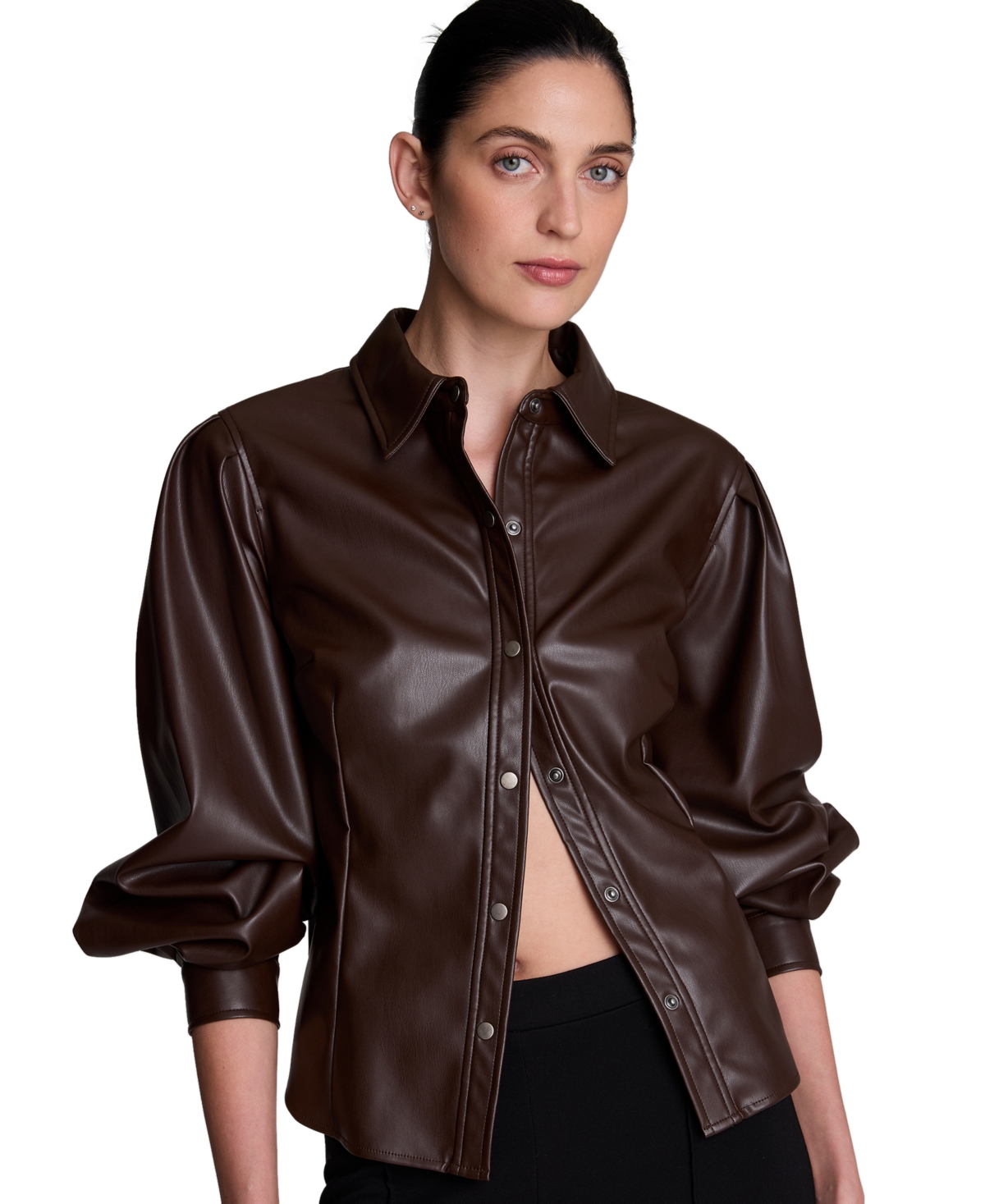 Kenneth Cole Women’s Long-Sleeve Snap-Front Point-Collar Blouse – Medium Bark