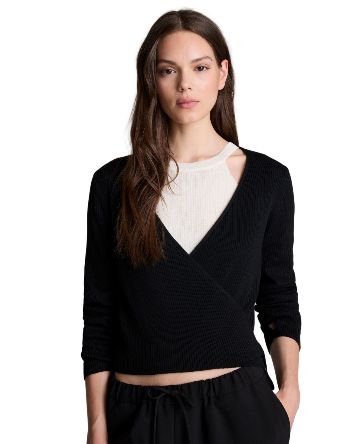 Kenneth Cole Women’s Ribbed Twofer Wrap Sweater – Black/oyster Kenneth Cole Women’s Ribbed Twofer Wrap Sweater – Black/oyster