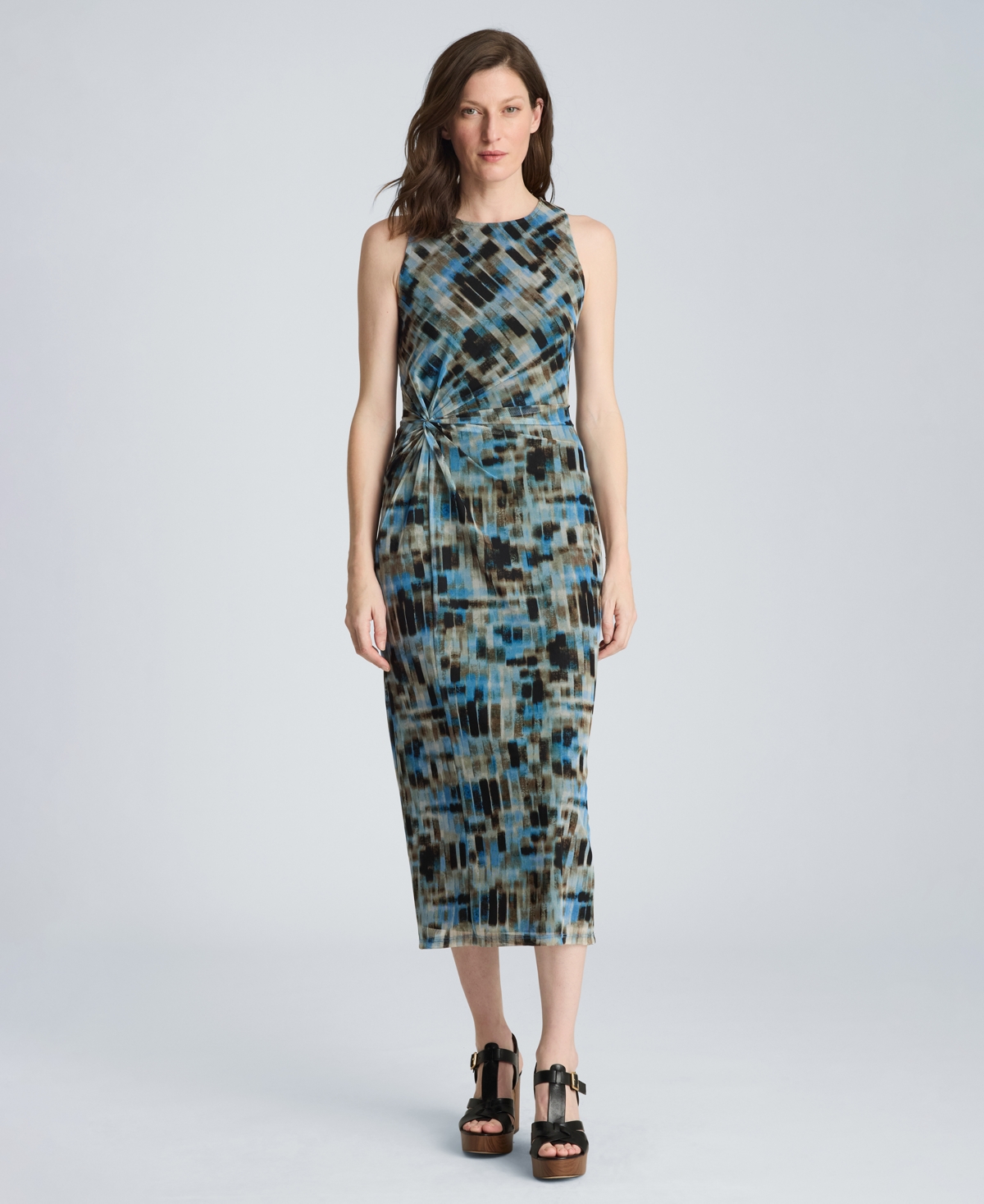 Kenneth Cole Women’s Sandra Printed Side Ruched Midi Dress – Lake Blue Multi Kenneth Cole Women’s Sandra Printed Side Ruched Midi Dress – Lake Blue Multi