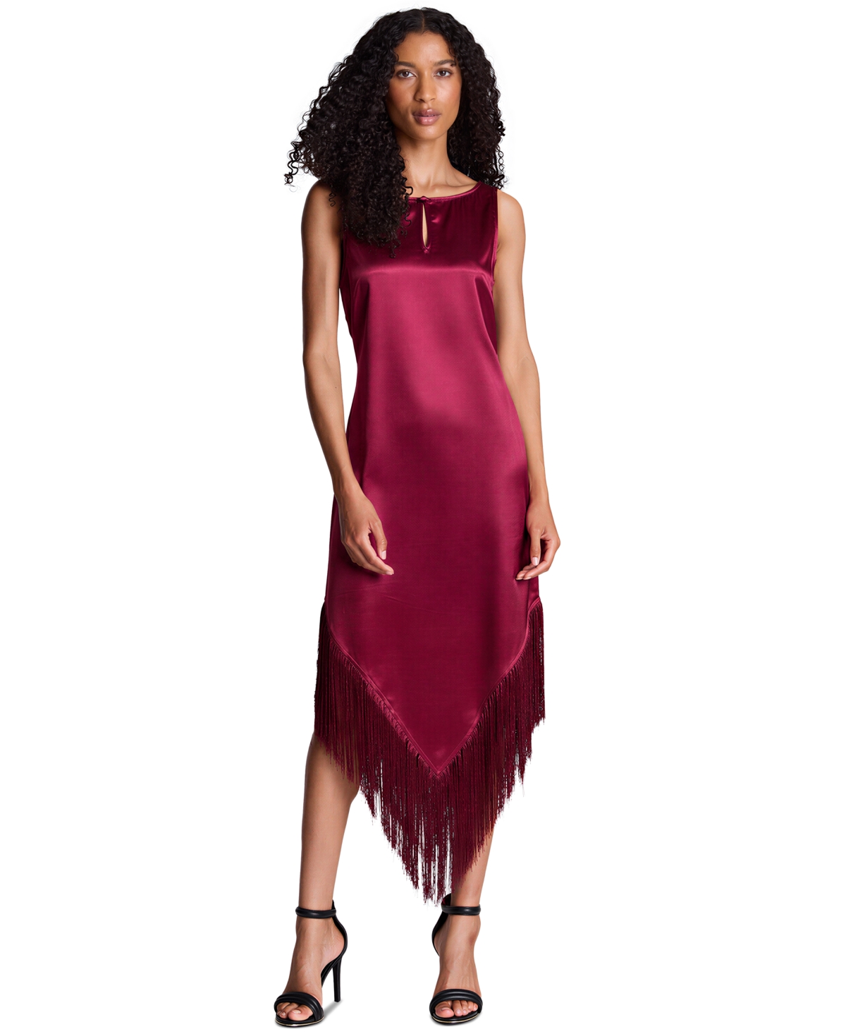 Kenneth Cole Women’s Satin Fringed-Hem Midi Dress – Red Plum