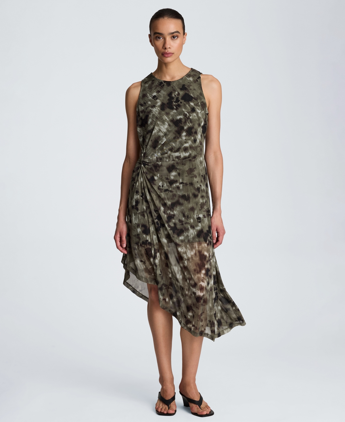 Kenneth Cole Women’s Sheer Mesh Overlay Asymmetric Hem Midi Dress – Turtle Green Multi