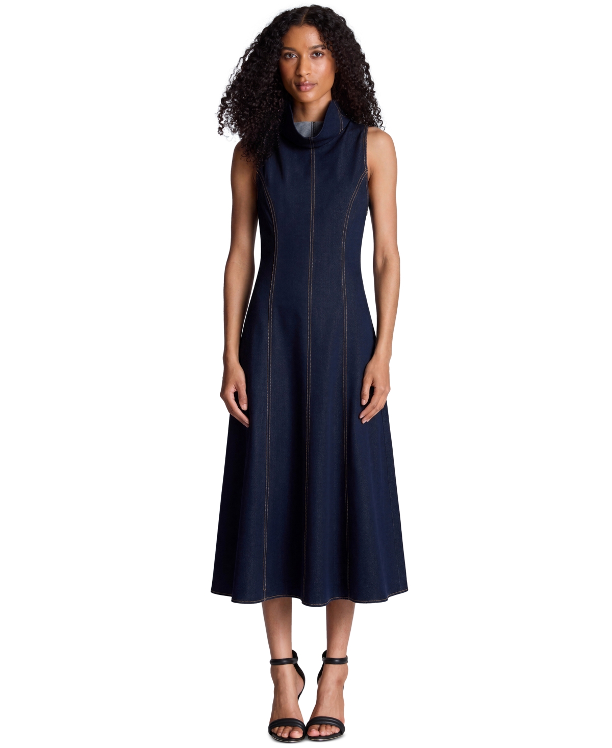 Kenneth Cole Women’s Sleeveless High-Stand-Collar Midi Dress – Indigo Faux Denim Kenneth Cole Women’s Sleeveless High-Stand-Collar Midi Dress – Indigo Faux Denim