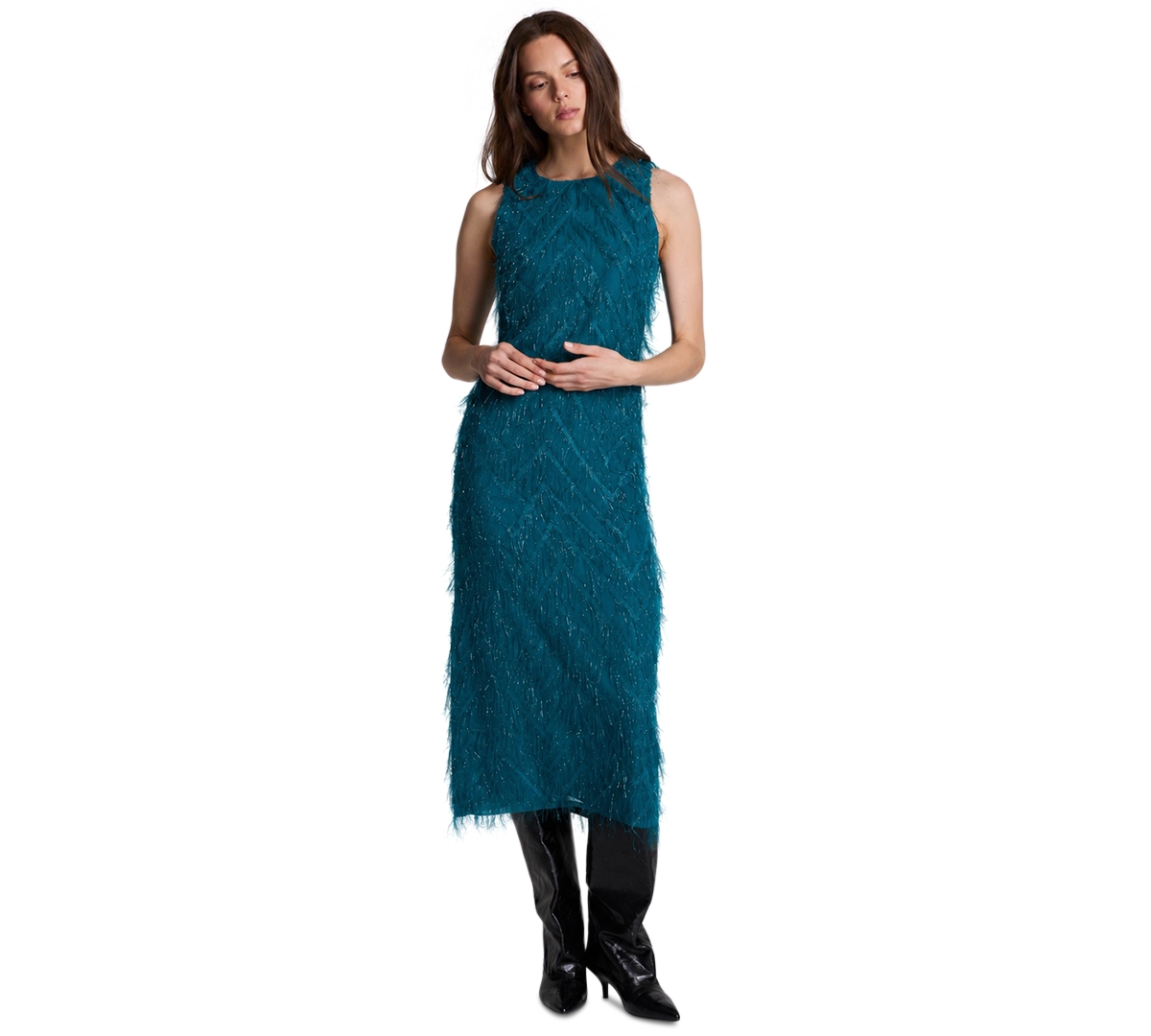 Kenneth Cole Women’s Sleeveless Novelty Fringed Organza Midi Dress – Teal Dusk Kenneth Cole Women’s Sleeveless Novelty Fringed Organza Midi Dress – Teal Dusk