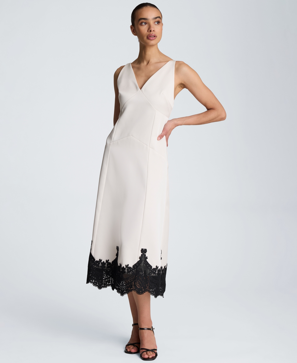 Kenneth Cole Women’s Sleeveless V-Neck Midi Dress – Oyster/Black Kenneth Cole Women’s Sleeveless V-Neck Midi Dress – Oyster/Black