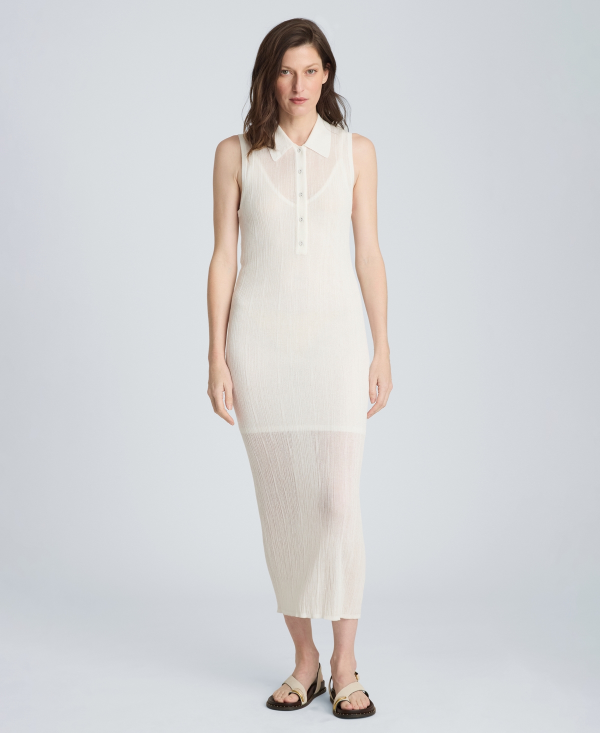 Kenneth Cole Women’s Variegated Rib Sleeveless Polo Sweater Dress – Pure White
