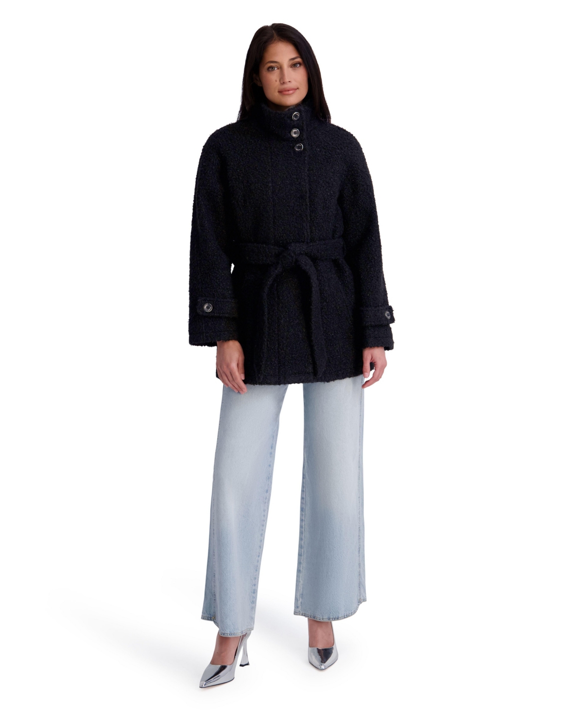 Kensie Women’s Belted Faux Boucle Wool Jacket With Stand Collar – Black