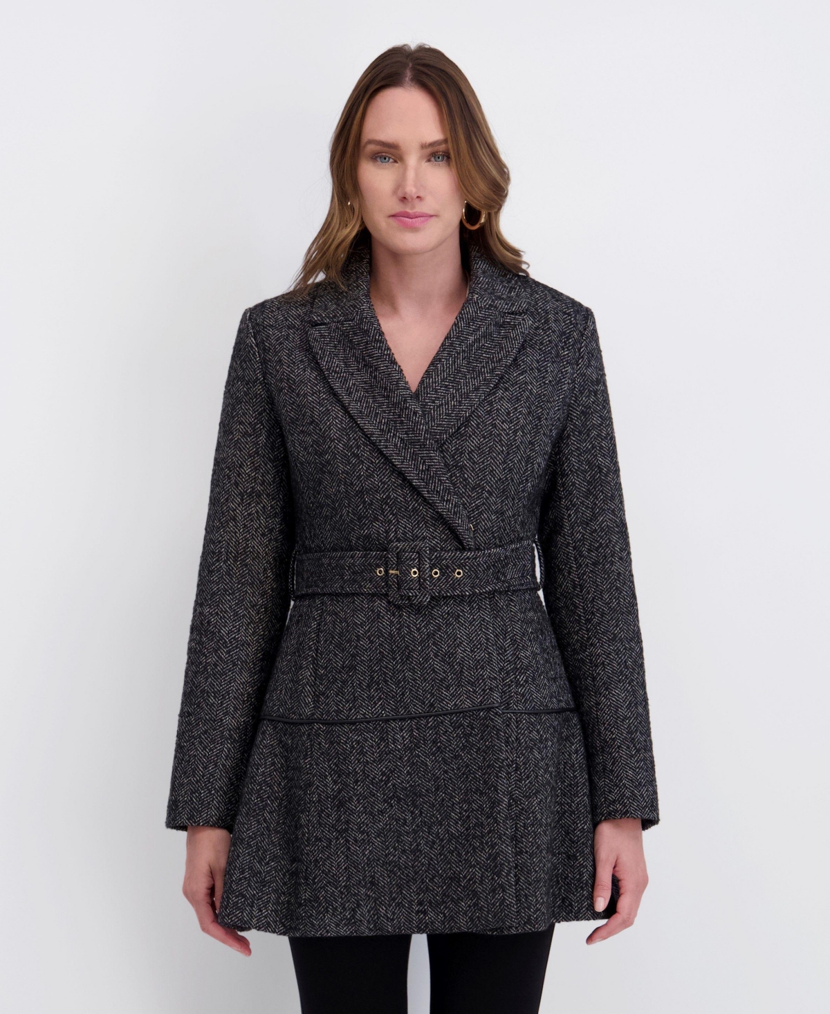 Kensie Women’s Belted Herringbone Tweed Skirted Wool Jacket – Black/white