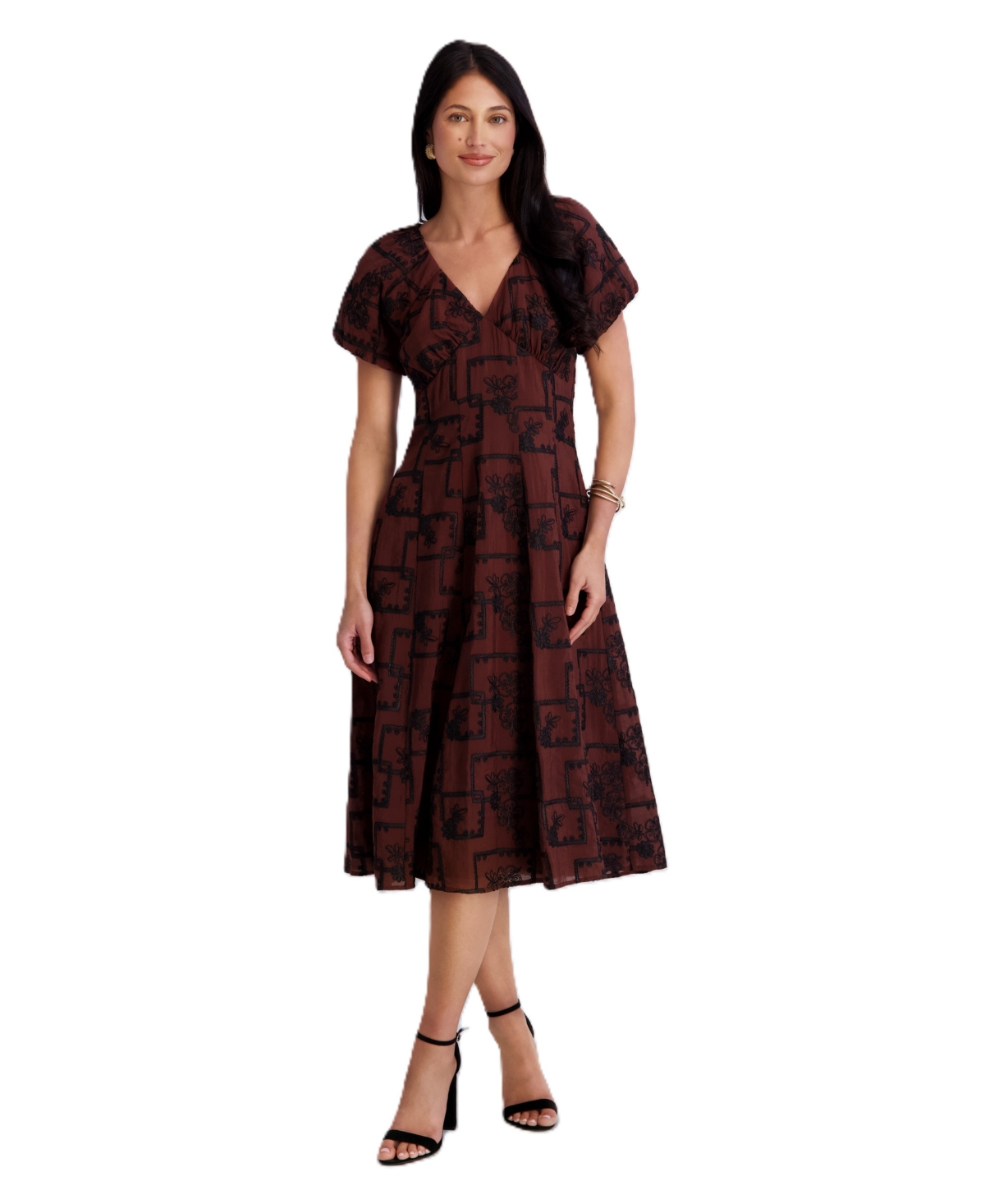 Kensie Women’s Embroidered V-Neck A-Line Midi Dress – CHOCOLATE/BLACK
