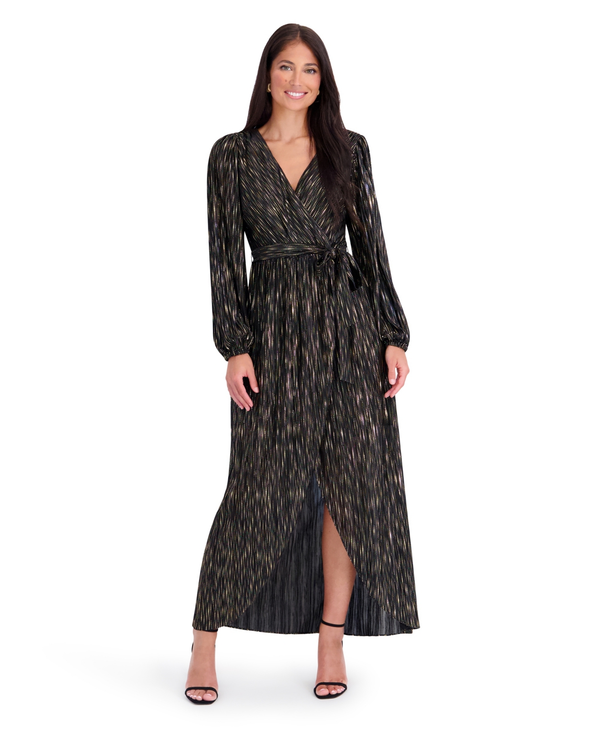 Kensie Women’s Foiled Woven Metallic-Print Long-Sleeve Wrap Maxi Dress – Black Gold Kensie Women’s Foiled Woven Metallic-Print Long-Sleeve Wrap Maxi Dress – Black Gold