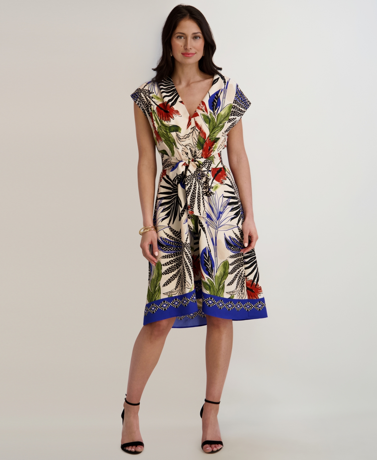 Kensie Women’s Printed V-Neck Midi Dress – Natural Multi