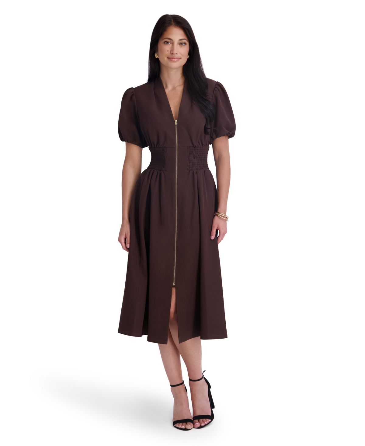 Kensie Women’s Puff-Sleeve Smocked-Waist A-Line Midi Dress – Chocolate Kensie Women’s Puff-Sleeve Smocked-Waist A-Line Midi Dress – Chocolate