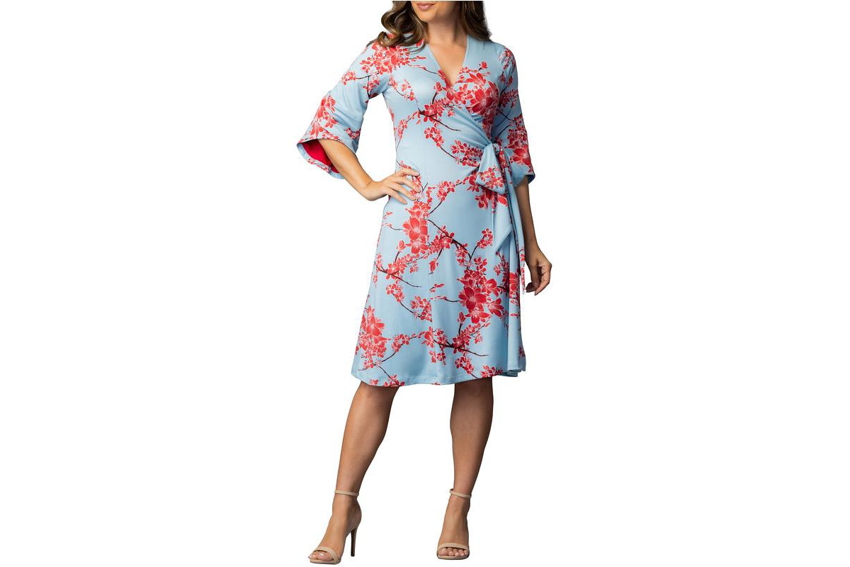 Kiyonna Women’s Gemini Wrap Dress with Contrast Lined Sleeves – Cherry blossom print Kiyonna Women’s Gemini Wrap Dress with Contrast Lined Sleeves – Cherry blossom print
