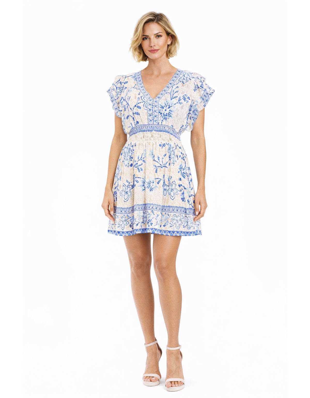 La Moda Clothing Women’s Club Moda Blue Floral V-Neck Mini Dress – Smocked Waist Resort Wear Summer Vacation Dress – Medium Blue La Moda Clothing Women’s Club Moda Blue Floral V-Neck Mini Dress – Smocked Waist Resort Wear Summer Vacation Dress – Medium Blue