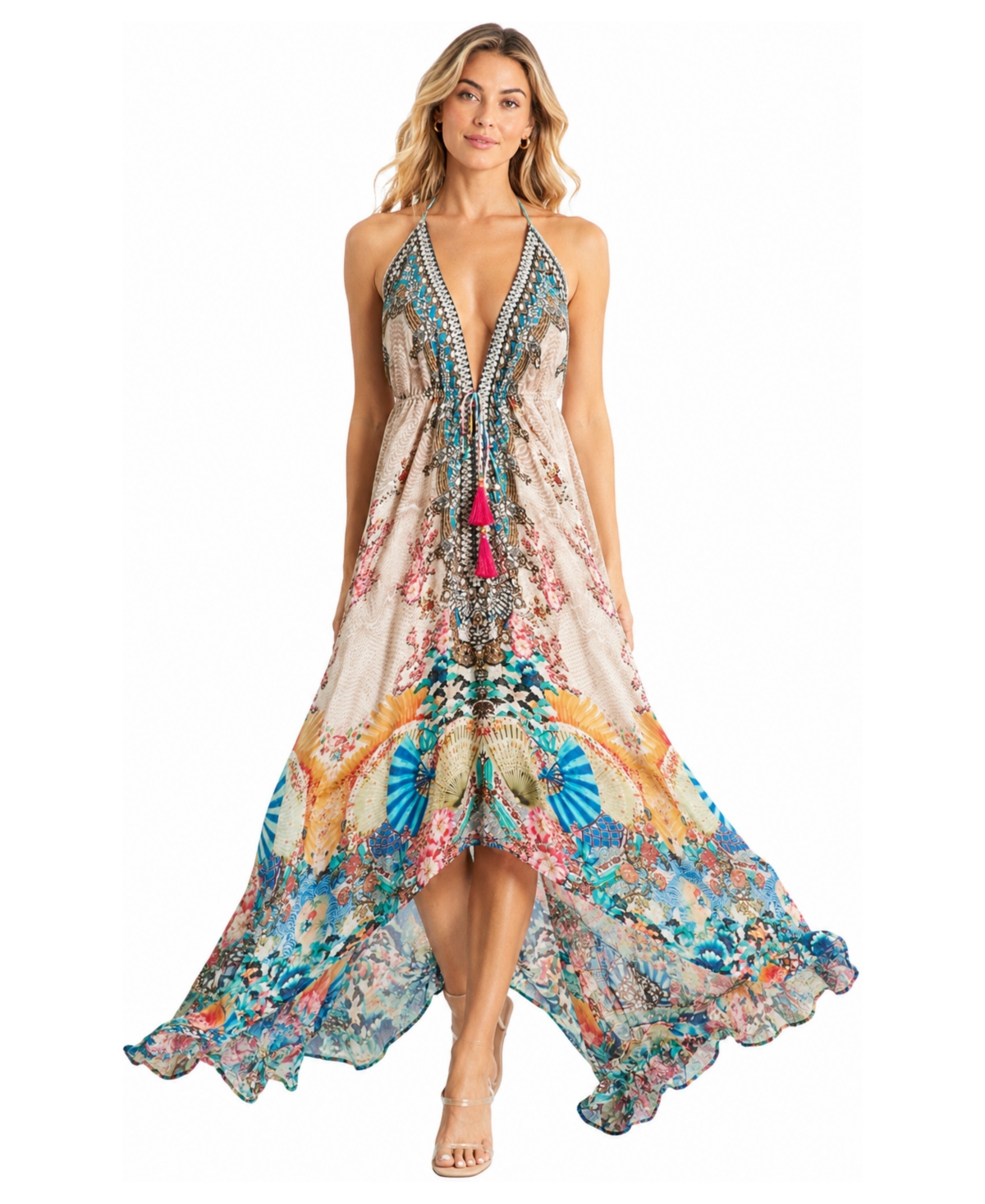 La Moda Clothing Women’s Floral Halter Plunge Maxi Dress – Ivory multi