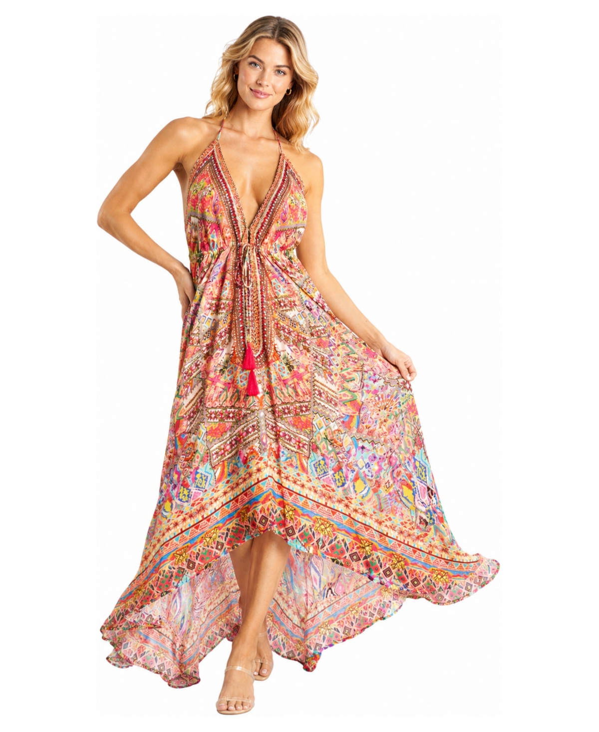 La Moda Clothing Women’s Halter-Plunge High-Low Maxi Dress – Coral multi