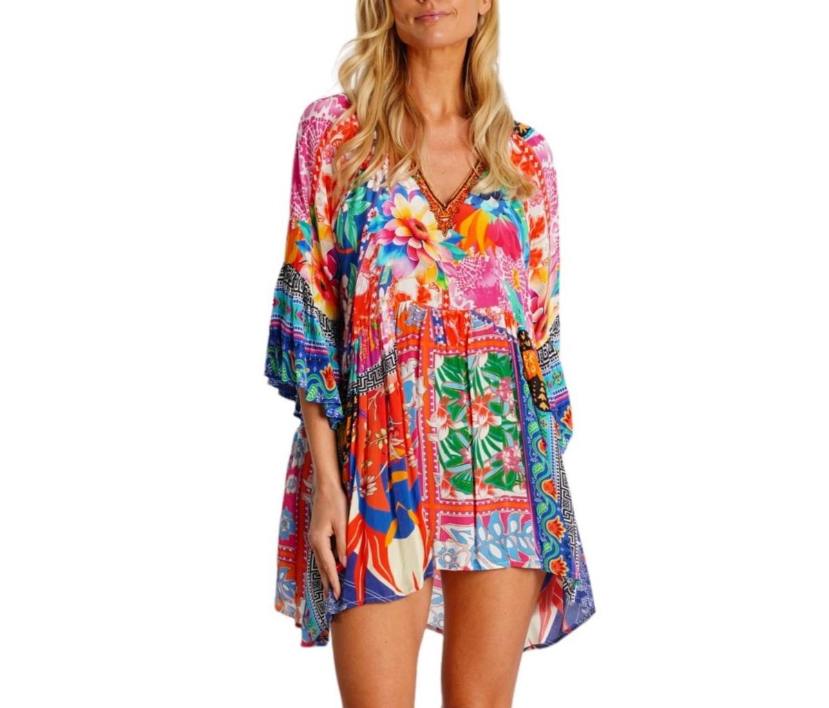 La Moda Clothing Women’s Multicolor Mini Dress with Side Asymmetrical Hem and Beaded Neckline La Moda Clothing Women’s Multicolor Mini Dress with Side Asymmetrical Hem and Beaded Neckline