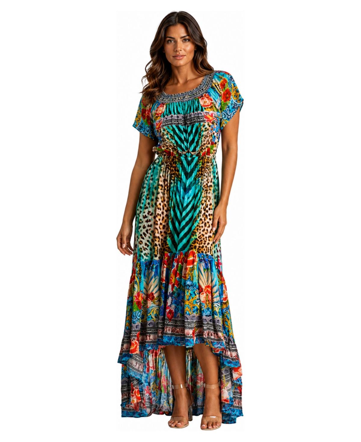La Moda Clothing Women’s Off-the-Shoulder Tiered High-Low Maxi Dress – Turquoise multi La Moda Clothing Women’s Off-the-Shoulder Tiered High-Low Maxi Dress – Turquoise multi