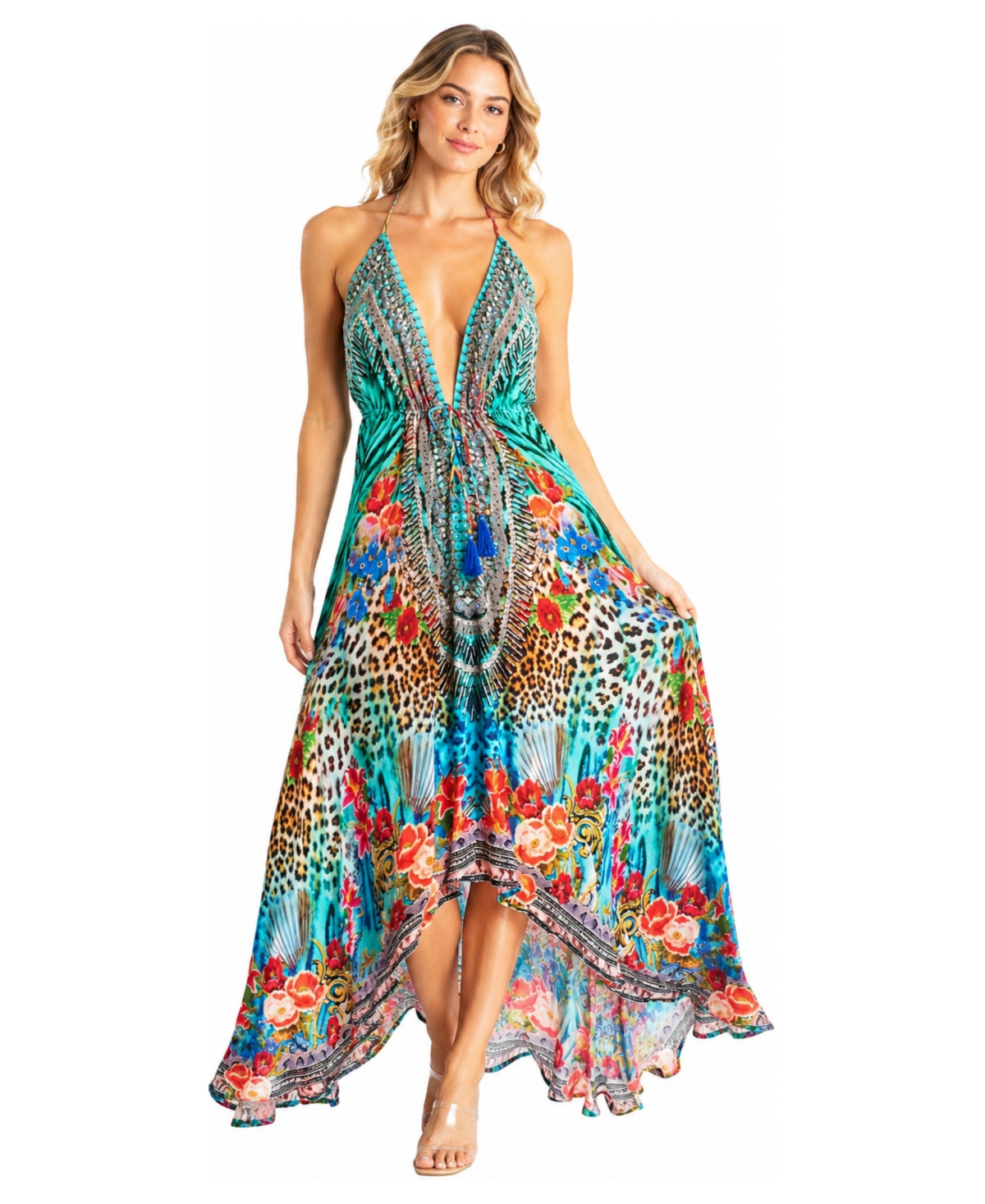 La Moda Clothing Women’s Plunge Halter High-Low Maxi Dress – Turquoise multi