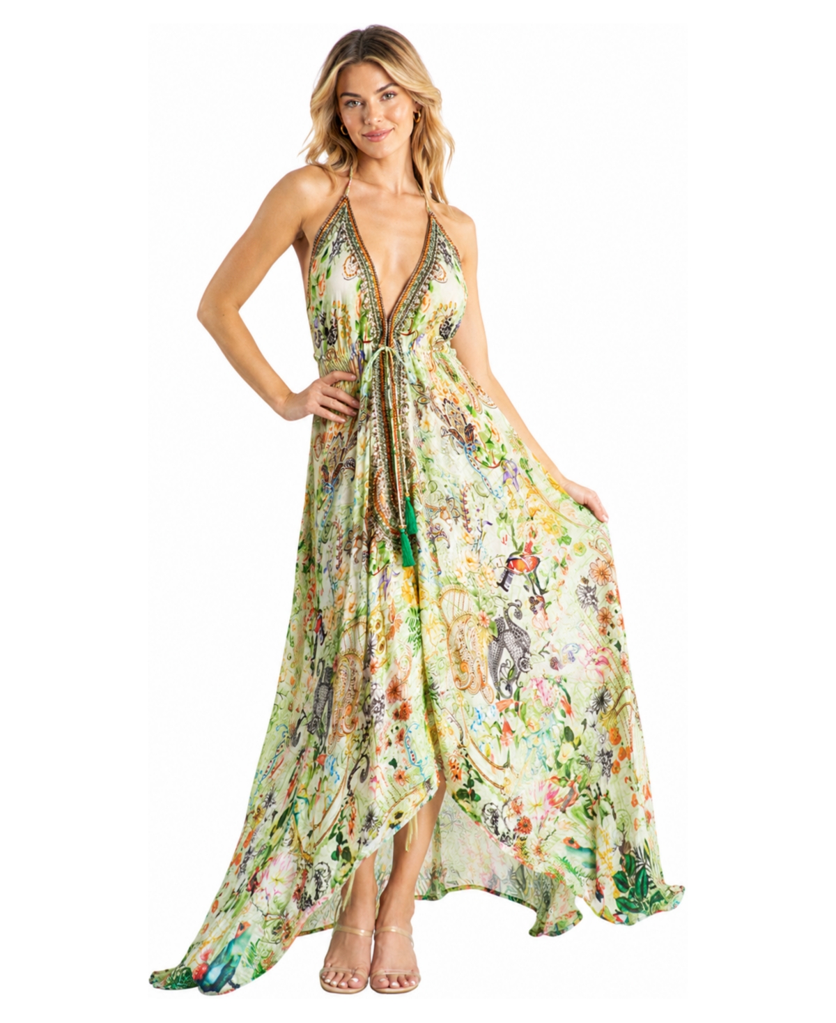 La Moda Clothing Women’s Tropical Floral Halter-Plunge High-Low Maxi Dress – Green multi