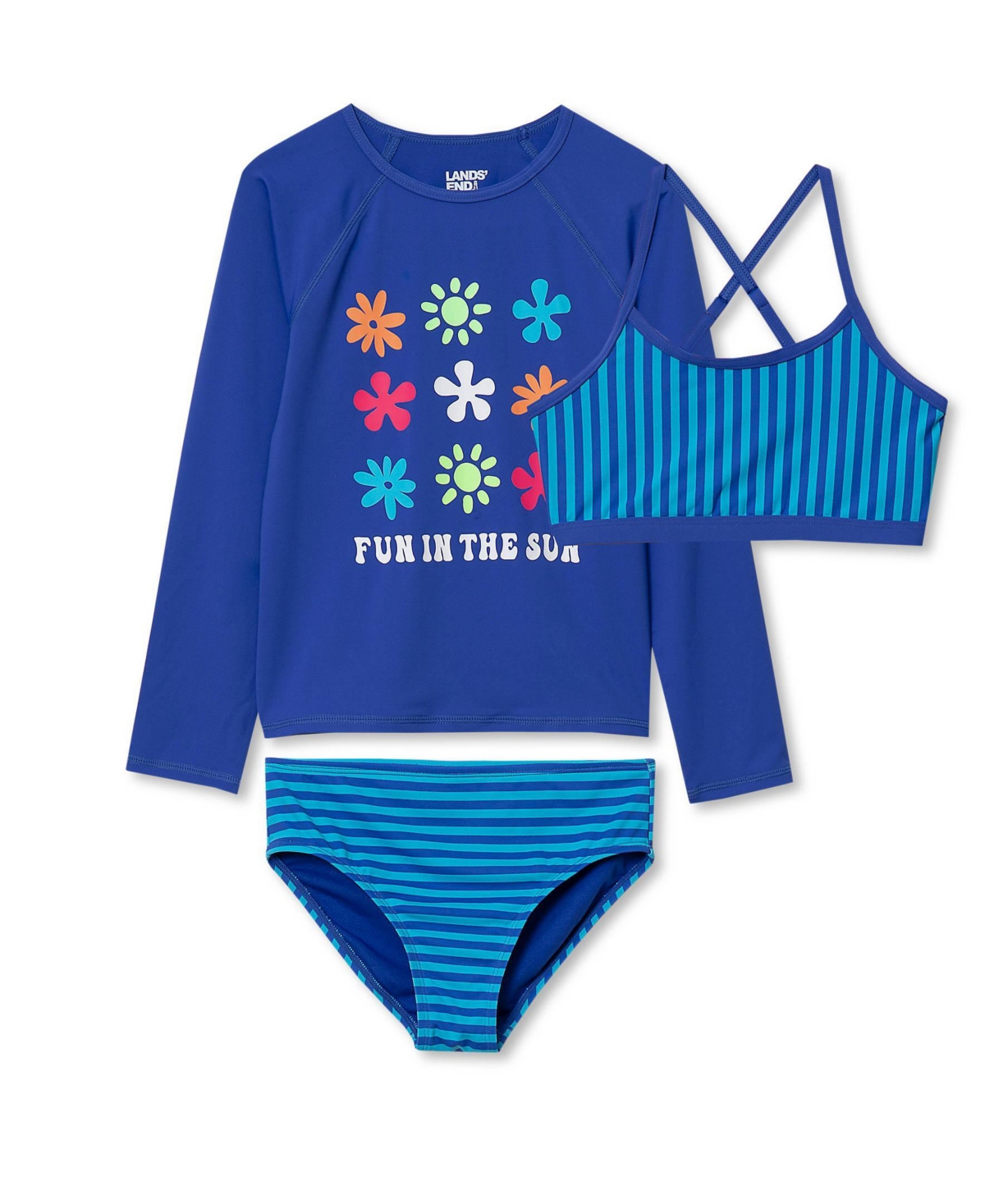Lands’ End Girls Slim Chlorine Resistant Long Sleeve Rash Guard Bikini 3 Piece Swimsuit Set – Dazzling blue floral stripes Lands’ End Girls Slim Chlorine Resistant Long Sleeve Rash Guard Bikini 3 Piece Swimsuit Set – Dazzling blue floral stripes