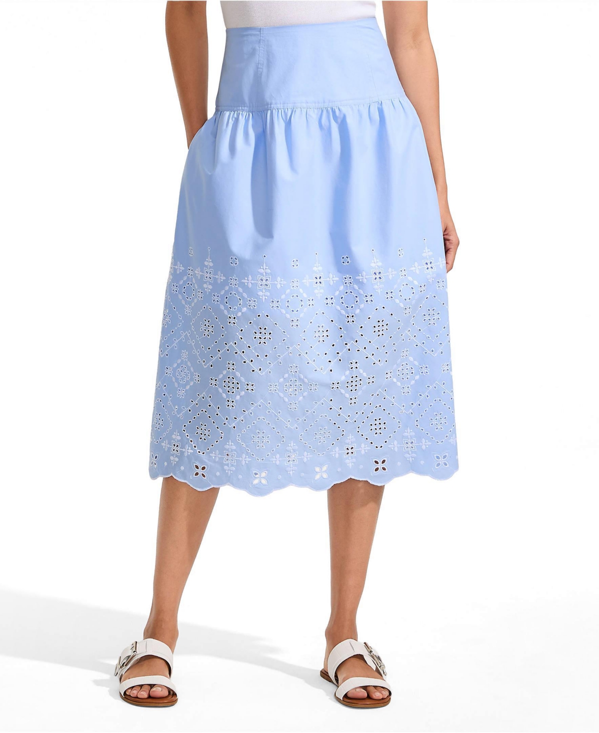 Lands’ End Petite Poplin Drop Waist Embroidered Eyelet Midi Skirt – Light sea blue