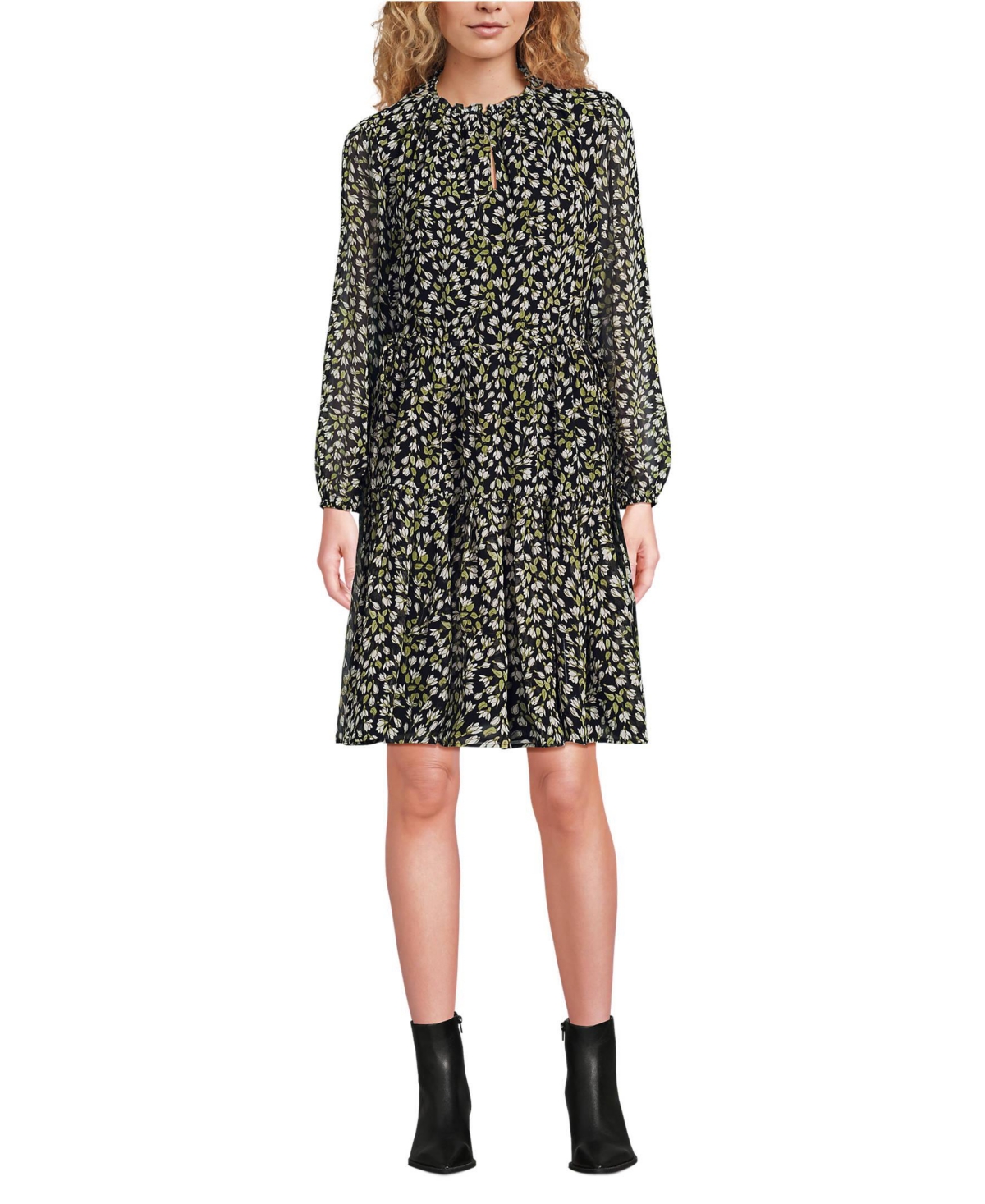 Lands’ End Women’s Chiffon Above the Knee Adjustable Dress – Black mini bloom floral